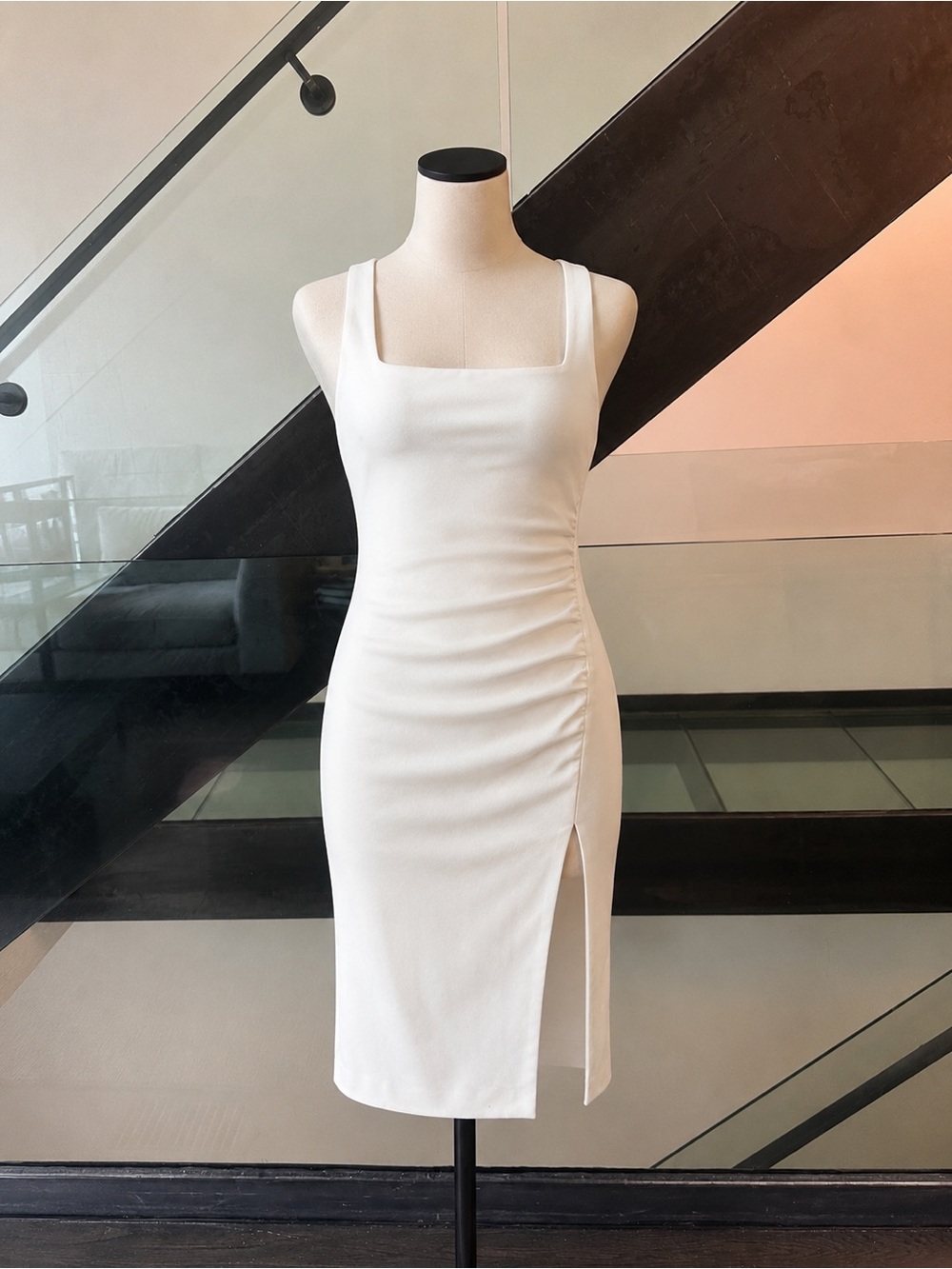 Likely White Square-Neck Midi Bodycon Dress with Side Slit